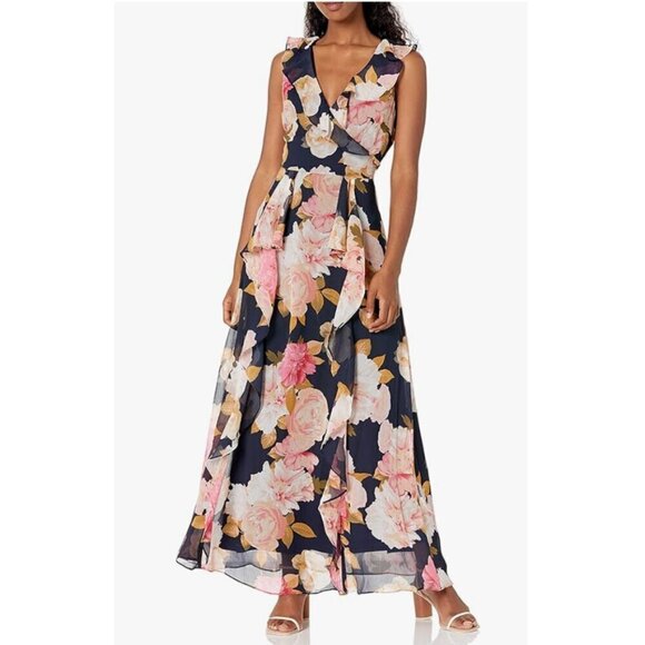 Karl Lagerfeld Paris Maxi Dress Blue Floral Print Spring Chiffon 2 - Picture 2 of 13